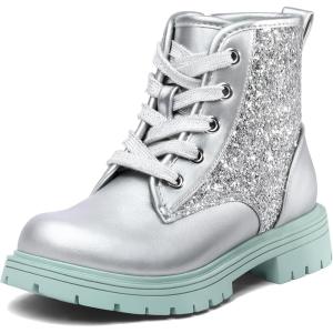 image:imageK KomForme Girls Glitter Ankle Boots Lace Up Waterproof Combat Shoes With Side Zipper for ToddlerLittle KidBig KidSliver Glitter
