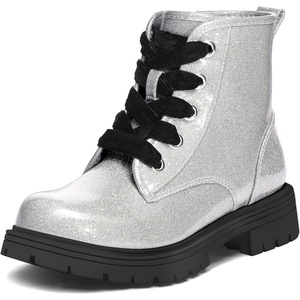 image:imageK KomForme Girls Glitter Ankle Boots Lace Up Waterproof Combat Shoes With Side Zipper for ToddlerLittle KidBig KidSliver