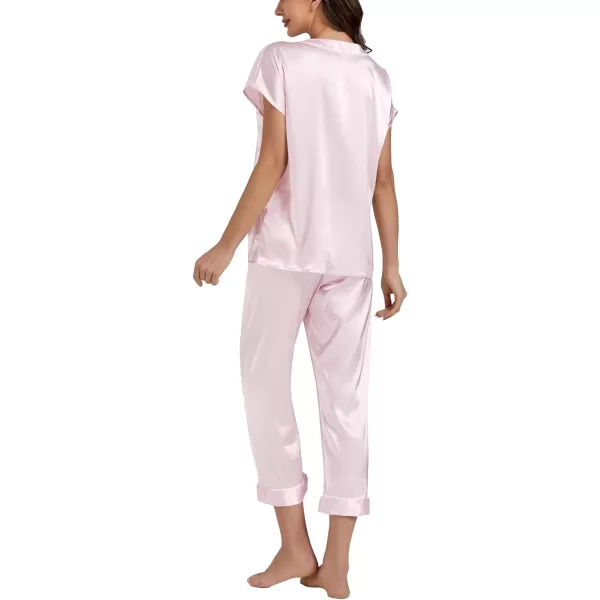LYANER Satin Pajama Set for Women Short Sleeve V Neck Silky Shirt with Capri Pants Button Down PJs Soft Loungewear