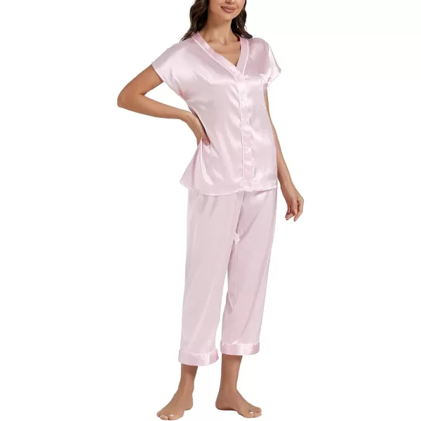 LYANER Satin Pajama Set for Women Short Sleeve V Neck Silky Shirt with Capri Pants Button Down PJs Soft Loungewear