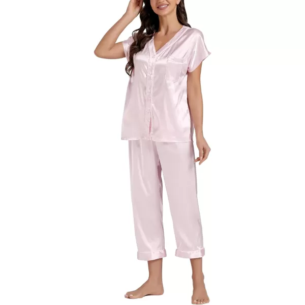 LYANER Satin Pajama Set for Women Short Sleeve V Neck Silky Shirt with Capri Pants Button Down PJs Soft Loungewear