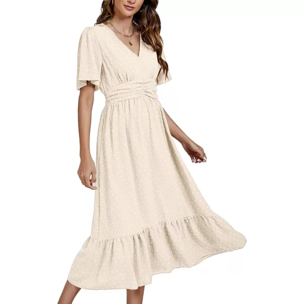 LYANER Women Boho Maxi Dress Long Sleeve V Neck Swiss Dot High Waited A-Line Ruffle Tiered Chiffon Long Dresses
