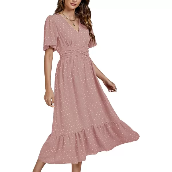 LYANER Women Boho Maxi Dress Long Sleeve V Neck Swiss Dot High Waited A-Line Ruffle Tiered Chiffon Long Dresses
