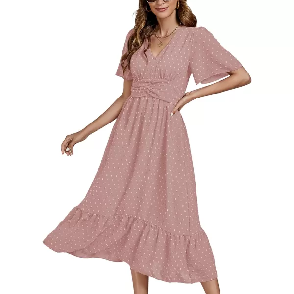 LYANER Women Boho Maxi Dress Long Sleeve V Neck Swiss Dot High Waited A-Line Ruffle Tiered Chiffon Long Dresses