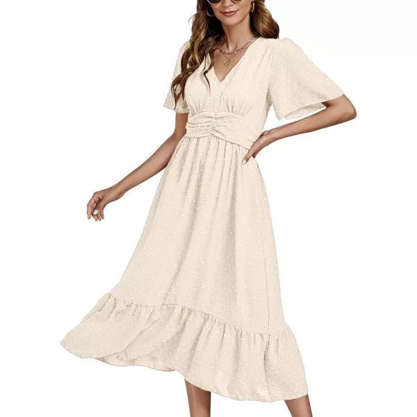 LYANER Women Boho Maxi Dress Long Sleeve V Neck Swiss Dot High Waited A-Line Ruffle Tiered Chiffon Long Dresses