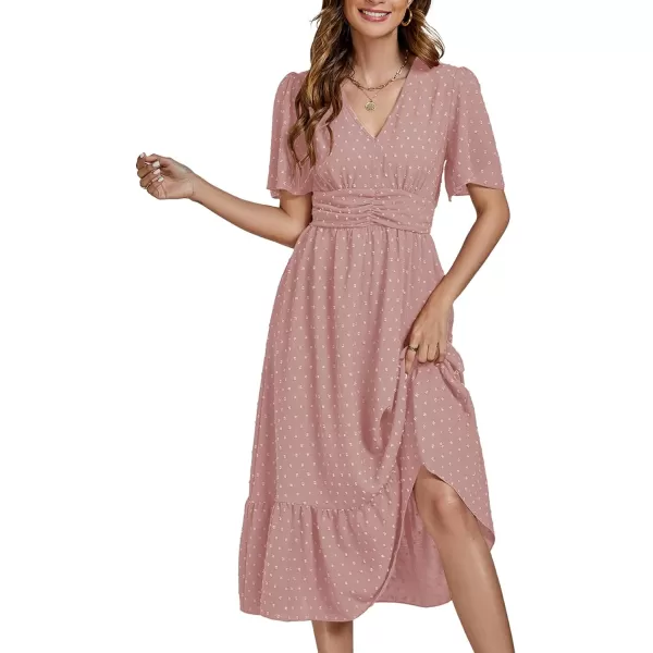 LYANER Women Boho Maxi Dress Long Sleeve V Neck Swiss Dot High Waited A-Line Ruffle Tiered Chiffon Long Dresses
