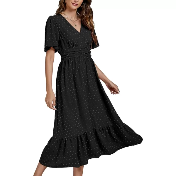 LYANER Women Boho Maxi Dress Long Sleeve V Neck Swiss Dot High Waited A-Line Ruffle Tiered Chiffon Long Dresses