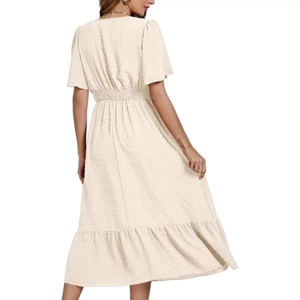 LYANER Women Boho Maxi Dress Long Sleeve V Neck Swiss Dot High Waited A-Line Ruffle Tiered Chiffon Long Dresses