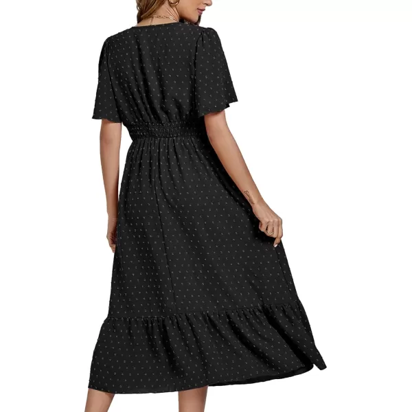 LYANER Women Boho Maxi Dress Long Sleeve V Neck Swiss Dot High Waited A-Line Ruffle Tiered Chiffon Long Dresses