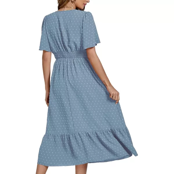 LYANER Women Boho Maxi Dress Long Sleeve V Neck Swiss Dot High Waited A-Line Ruffle Tiered Chiffon Long Dresses