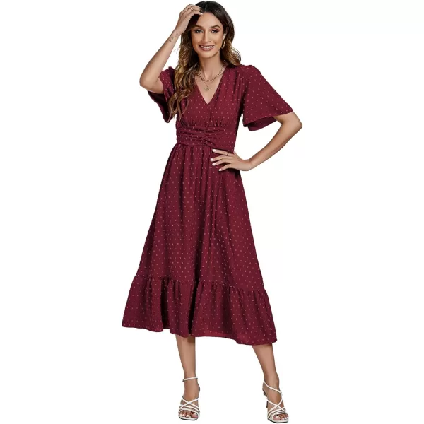 LYANER Women Boho Maxi Dress Long Sleeve V Neck Swiss Dot High Waited A-Line Ruffle Tiered Chiffon Long Dresses