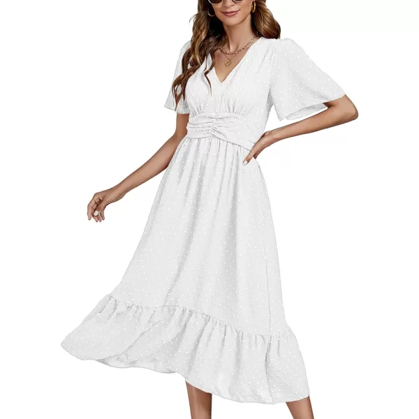 LYANER Women Boho Maxi Dress Long Sleeve V Neck Swiss Dot High Waited A-Line Ruffle Tiered Chiffon Long Dresses