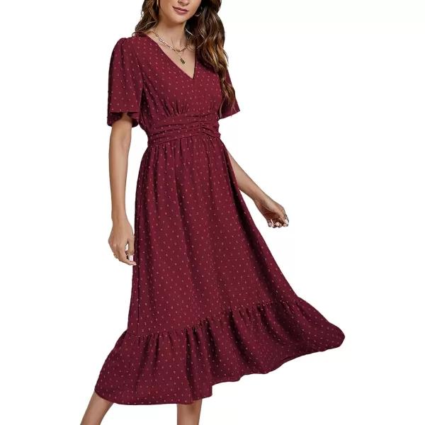 LYANER Women Boho Maxi Dress Long Sleeve V Neck Swiss Dot High Waited A-Line Ruffle Tiered Chiffon Long Dresses