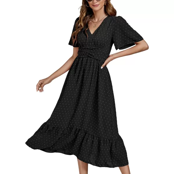 LYANER Women Boho Maxi Dress Long Sleeve V Neck Swiss Dot High Waited A-Line Ruffle Tiered Chiffon Long Dresses