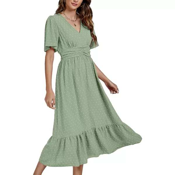 LYANER Women Boho Maxi Dress Long Sleeve V Neck Swiss Dot High Waited A-Line Ruffle Tiered Chiffon Long Dresses