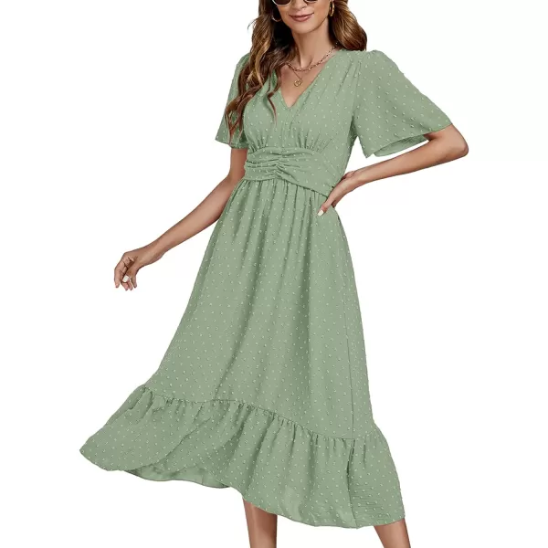 LYANER Women Boho Maxi Dress Long Sleeve V Neck Swiss Dot High Waited A-Line Ruffle Tiered Chiffon Long Dresses