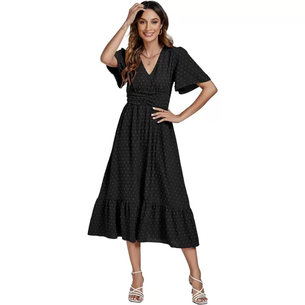 LYANER Women Boho Maxi Dress Long Sleeve V Neck Swiss Dot High Waited A-Line Ruffle Tiered Chiffon Long Dresses