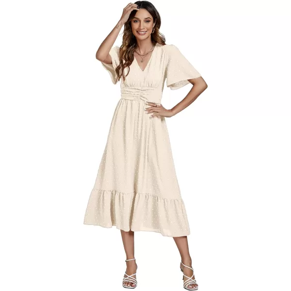LYANER Women Boho Maxi Dress Long Sleeve V Neck Swiss Dot High Waited A-Line Ruffle Tiered Chiffon Long Dresses