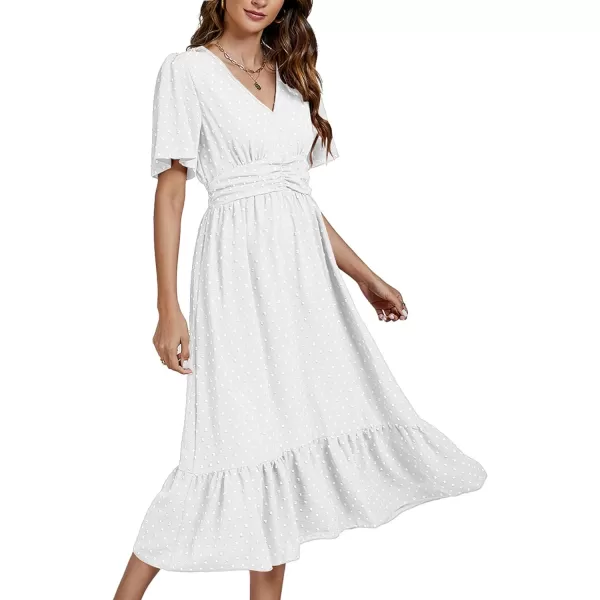 LYANER Women Boho Maxi Dress Long Sleeve V Neck Swiss Dot High Waited A-Line Ruffle Tiered Chiffon Long Dresses