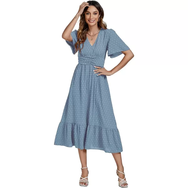 LYANER Women Boho Maxi Dress Long Sleeve V Neck Swiss Dot High Waited A-Line Ruffle Tiered Chiffon Long Dresses