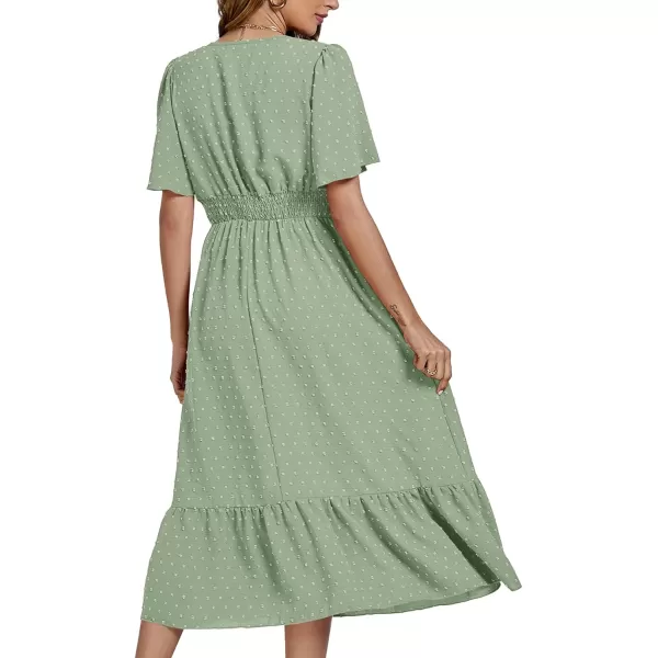 LYANER Women Boho Maxi Dress Long Sleeve V Neck Swiss Dot High Waited A-Line Ruffle Tiered Chiffon Long Dresses