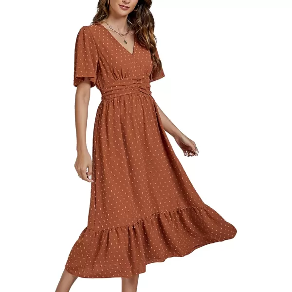 LYANER Women Boho Maxi Dress Long Sleeve V Neck Swiss Dot High Waited A-Line Ruffle Tiered Chiffon Long Dresses
