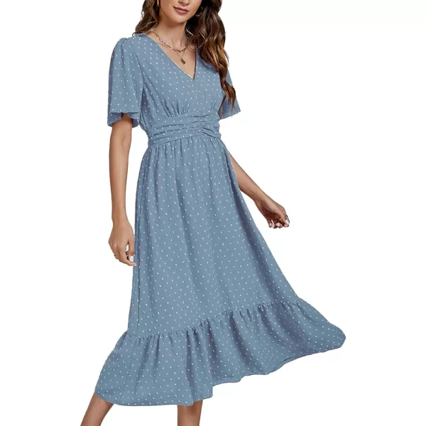 LYANER Women Boho Maxi Dress Long Sleeve V Neck Swiss Dot High Waited A-Line Ruffle Tiered Chiffon Long Dresses