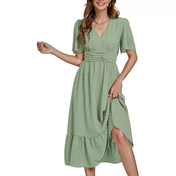 LYANER Women Boho Maxi Dress Long Sleeve V Neck Swiss Dot High Waited A-Line Ruffle Tiered Chiffon Long Dresses