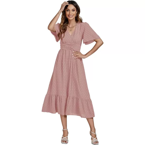 LYANER Women Boho Maxi Dress Long Sleeve V Neck Swiss Dot High Waited A-Line Ruffle Tiered Chiffon Long Dresses
