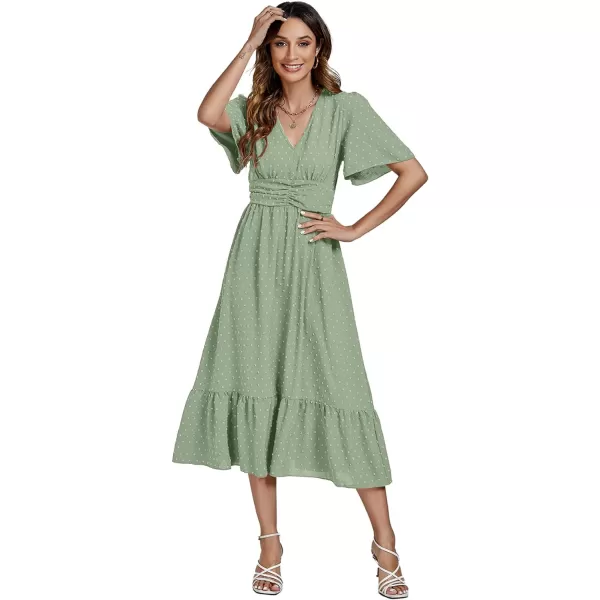 LYANER Women Boho Maxi Dress Long Sleeve V Neck Swiss Dot High Waited A-Line Ruffle Tiered Chiffon Long Dresses