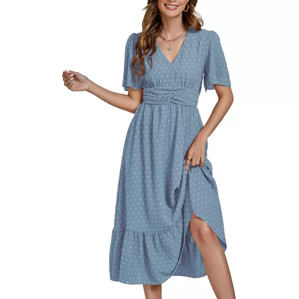 LYANER Women Boho Maxi Dress Long Sleeve V Neck Swiss Dot High Waited A-Line Ruffle Tiered Chiffon Long Dresses