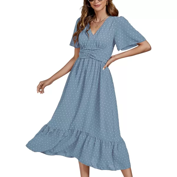 LYANER Women Boho Maxi Dress Long Sleeve V Neck Swiss Dot High Waited A-Line Ruffle Tiered Chiffon Long Dresses