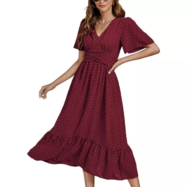 LYANER Women Boho Maxi Dress Long Sleeve V Neck Swiss Dot High Waited A-Line Ruffle Tiered Chiffon Long Dresses