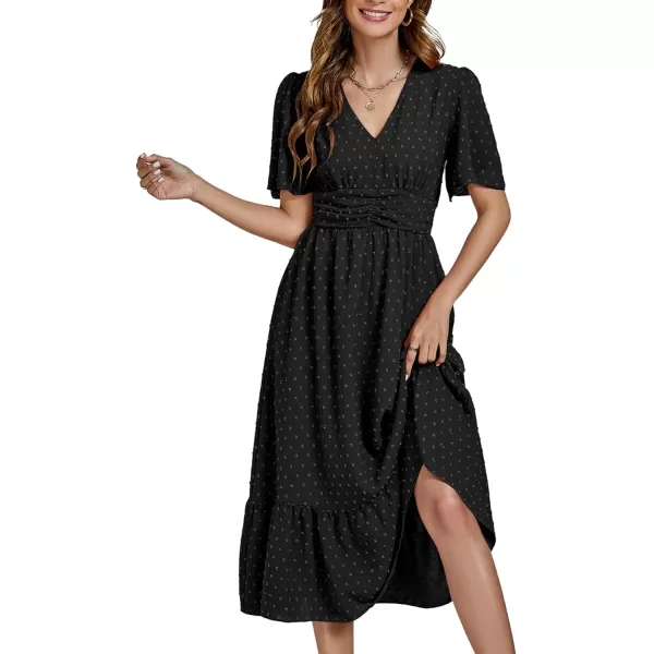 LYANER Women Boho Maxi Dress Long Sleeve V Neck Swiss Dot High Waited A-Line Ruffle Tiered Chiffon Long Dresses