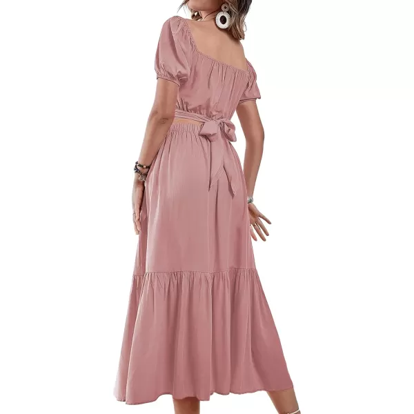 LYANER Women's 2 Pcs Outfits Wrap Tie Short Sleeve Crop Top Ruffle Maxi Skirt Set