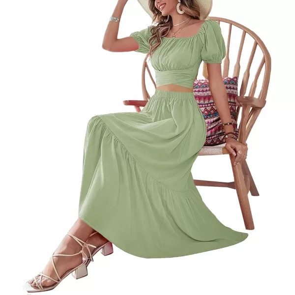 LYANER Women's 2 Pcs Outfits Wrap Tie Short Sleeve Crop Top Ruffle Maxi Skirt Set