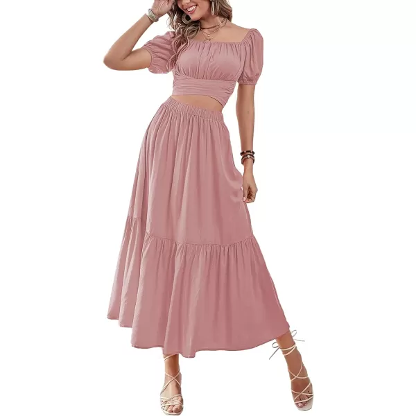 LYANER Women's 2 Pcs Outfits Wrap Tie Short Sleeve Crop Top Ruffle Maxi Skirt Set