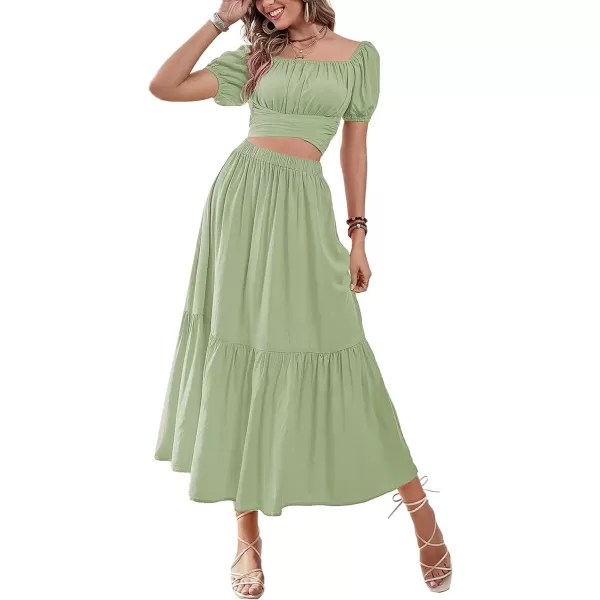 LYANER Women's 2 Pcs Outfits Wrap Tie Short Sleeve Crop Top Ruffle Maxi Skirt Set