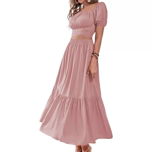 LYANER Women's 2 Pcs Outfits Wrap Tie Short Sleeve Crop Top Ruffle Maxi Skirt Set