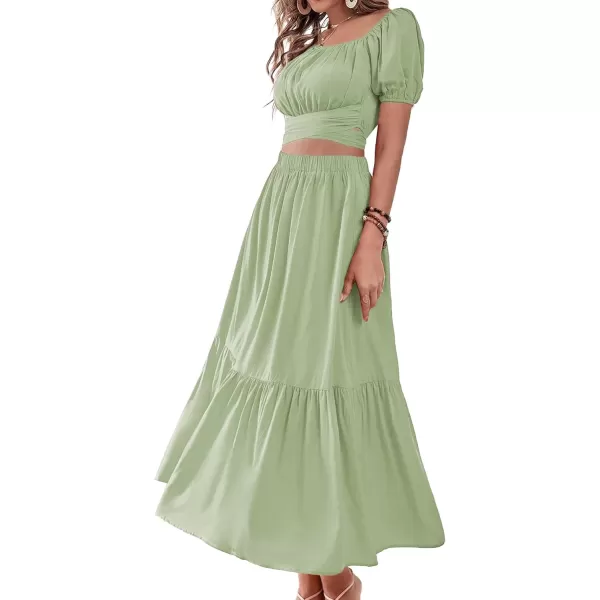 LYANER Women's 2 Pcs Outfits Wrap Tie Short Sleeve Crop Top Ruffle Maxi Skirt Set
