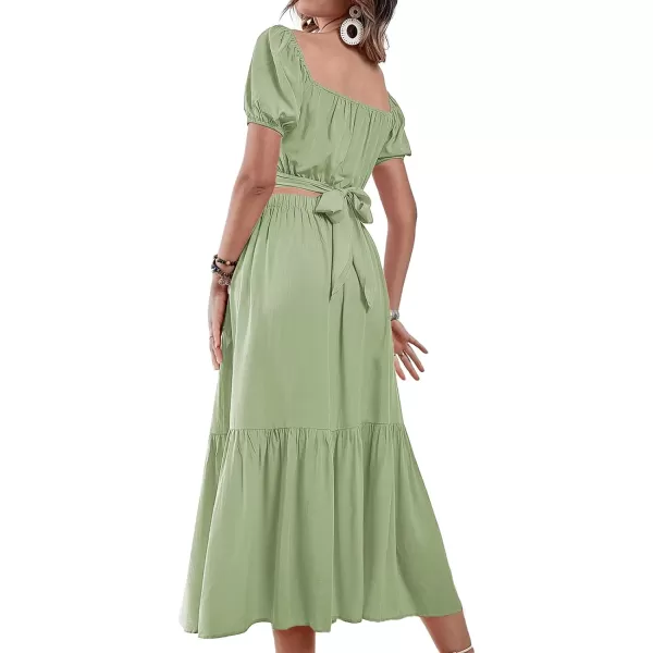 LYANER Women's 2 Pcs Outfits Wrap Tie Short Sleeve Crop Top Ruffle Maxi Skirt Set