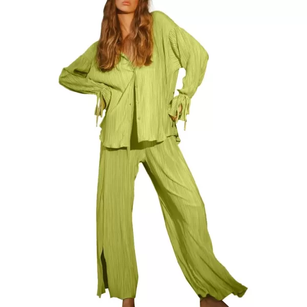 LYANER Women's 2 Piece Casual Outfits Button Down Long Sleeve Shirt and Wide Leg Slit Side Long Pants Set