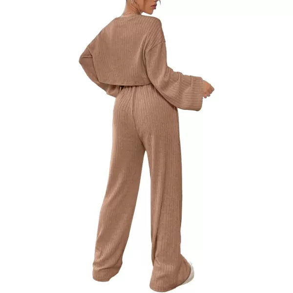 LYANER Women's 2 Piece Casual Outfits Long Bishop Sleeve Crop Top and Wide Leg Long Pants Knit Tracksuit Sets