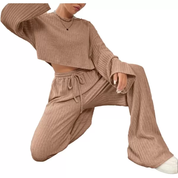 LYANER Women's 2 Piece Casual Outfits Long Bishop Sleeve Crop Top and Wide Leg Long Pants Knit Tracksuit Sets