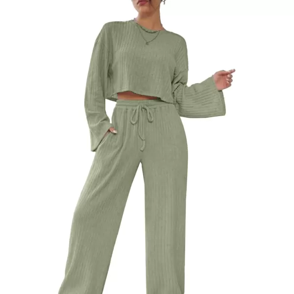 LYANER Women's 2 Piece Casual Outfits Long Bishop Sleeve Crop Top and Wide Leg Long Pants Knit Tracksuit Sets