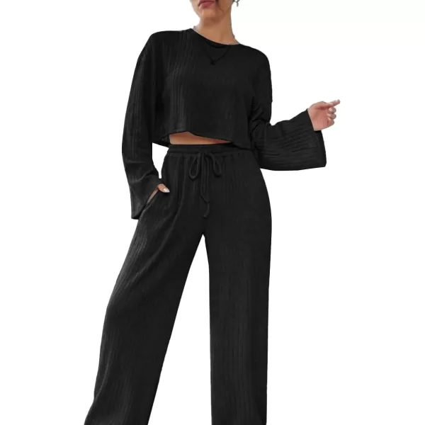 LYANER Women's 2 Piece Casual Outfits Long Bishop Sleeve Crop Top and Wide Leg Long Pants Knit Tracksuit Sets