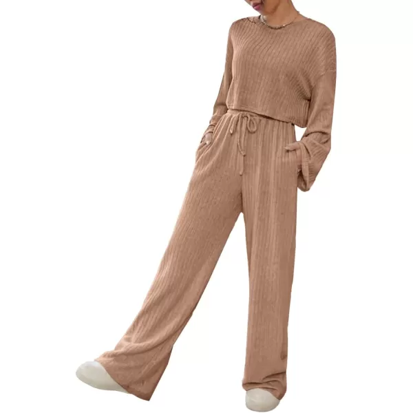LYANER Women's 2 Piece Casual Outfits Long Bishop Sleeve Crop Top and Wide Leg Long Pants Knit Tracksuit Sets