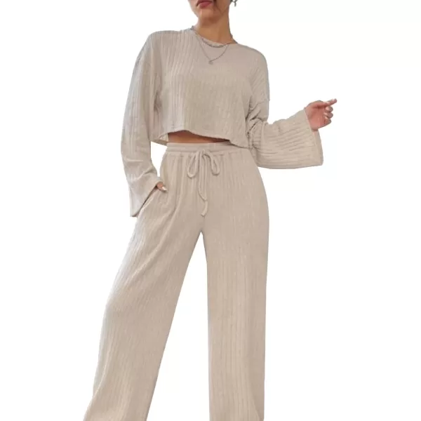 LYANER Women's 2 Piece Casual Outfits Long Bishop Sleeve Crop Top and Wide Leg Long Pants Knit Tracksuit Sets