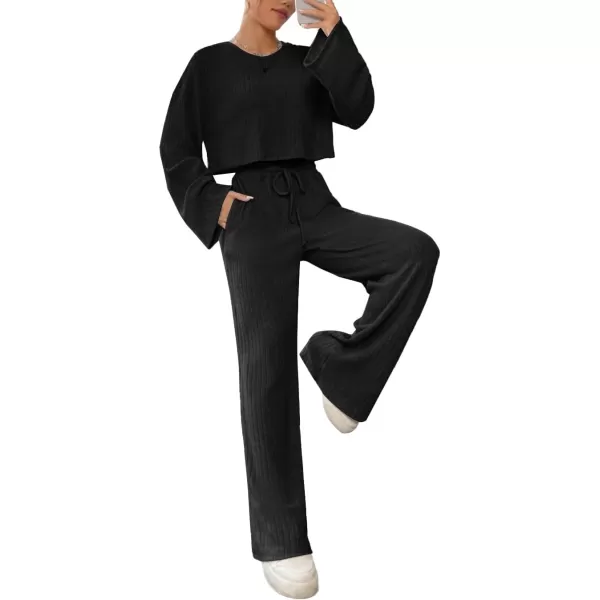LYANER Women's 2 Piece Casual Outfits Long Bishop Sleeve Crop Top and Wide Leg Long Pants Knit Tracksuit Sets