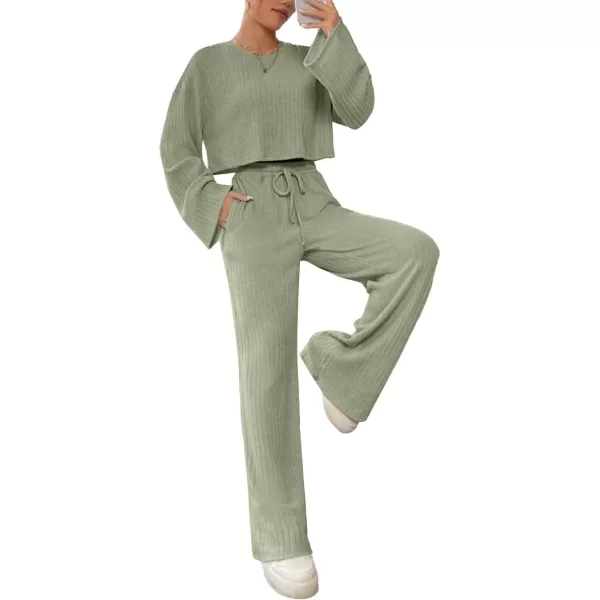 LYANER Women's 2 Piece Casual Outfits Long Bishop Sleeve Crop Top and Wide Leg Long Pants Knit Tracksuit Sets